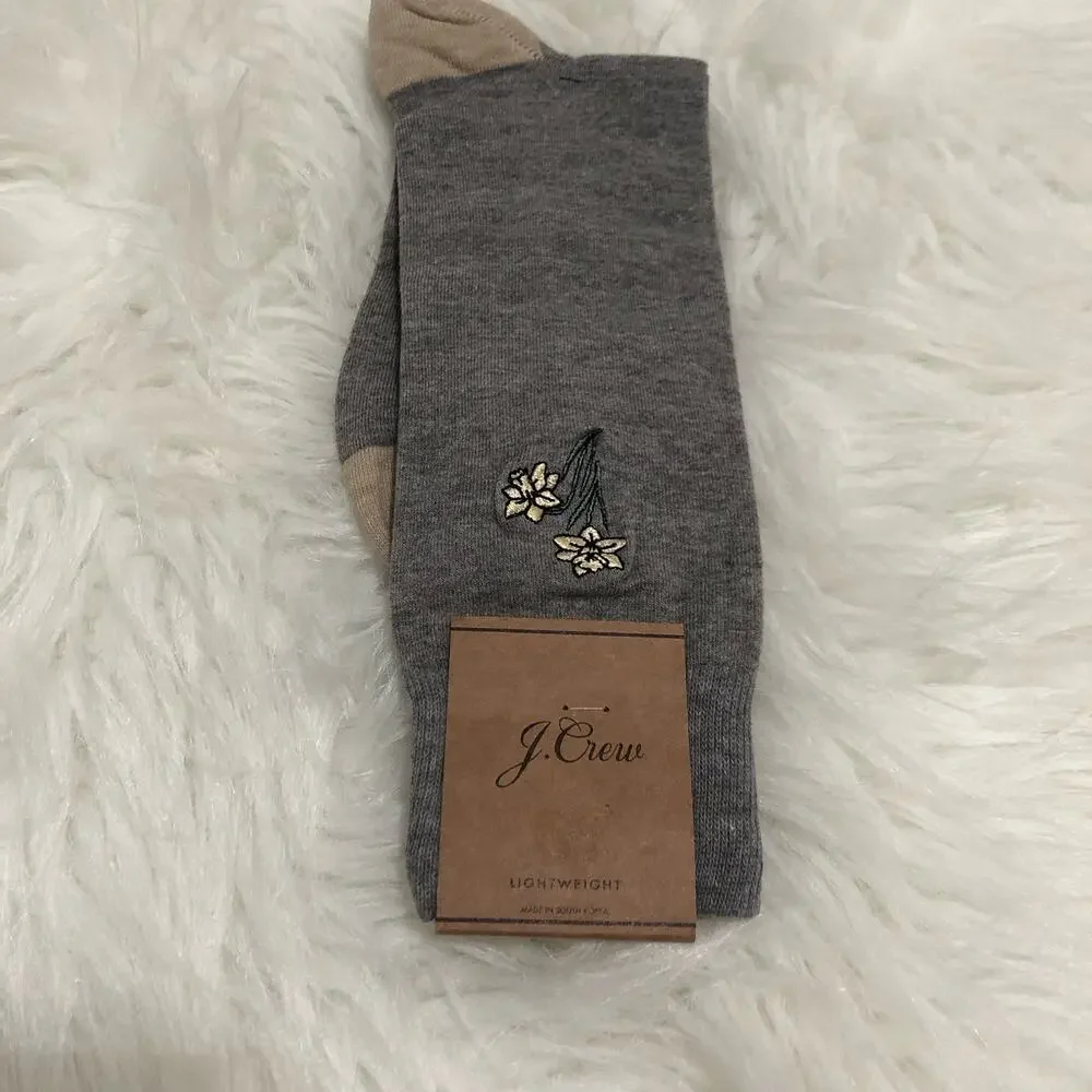 J. Crew Women's Dress Sock‎  One Size Gray Embroidered Floral Lightweight NWT